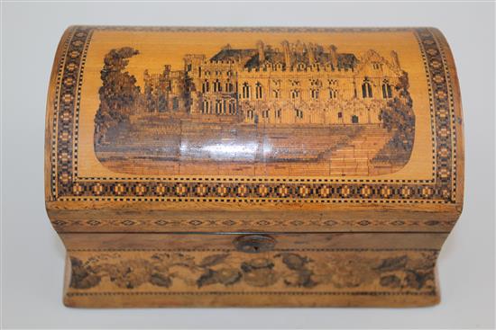 A Tunbridge ware birds eye maple Battle Abbey mosaic dome top tea caddy, 7in.